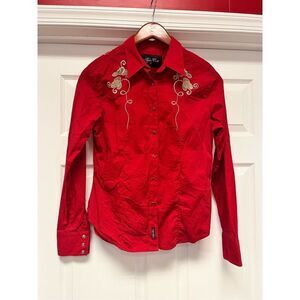 Rodeo Carte Red Pearl Button Snap Embroidered Button Down Shirt sz L EUC